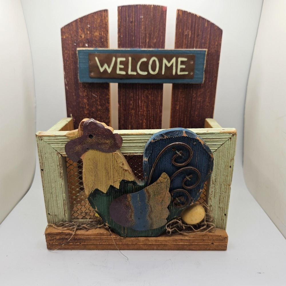 Rustic Wooden Rooster Mail Organizer Holder Farmhouse Wall Decor "Welcome"